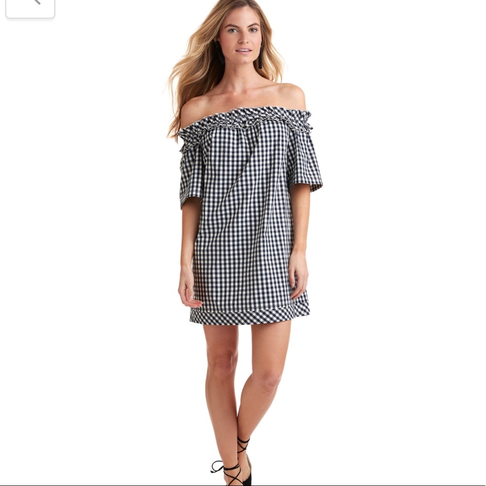 Vineyard Vines Black and White Gingham Off-Shoulder Midi Dress, Size Medium